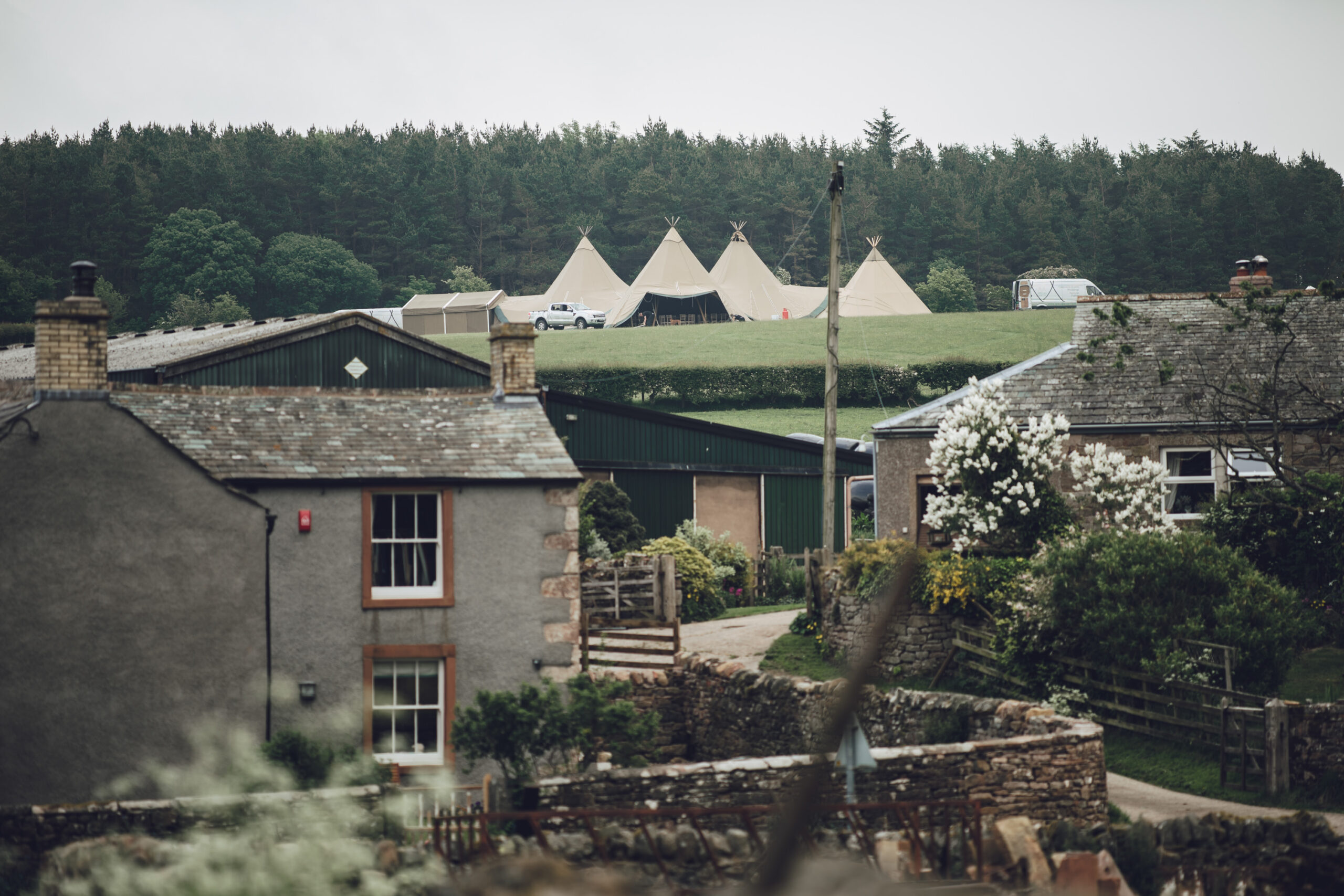 Tipis on the farm - Three Giant Hat Tipis on a hill overlooking the farm - Tipis in Cumbria - Marquee Hire - Tipi Hire