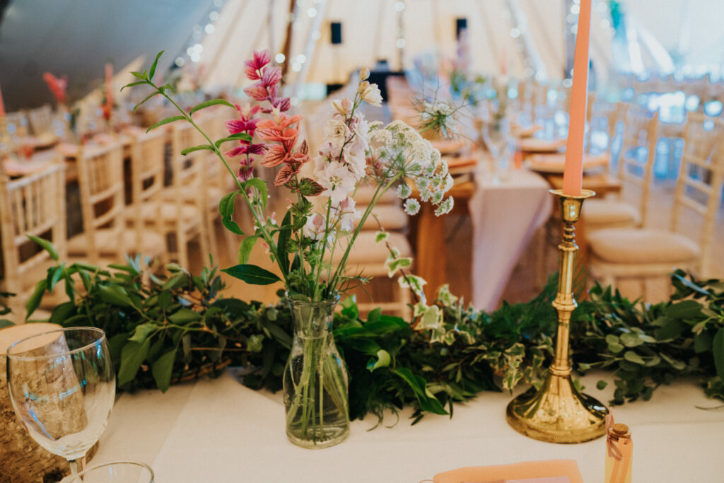 Long Top Table in Tipis looking over Banquet Style Tables - Tipi Hire Cumbria - Marquee wedding