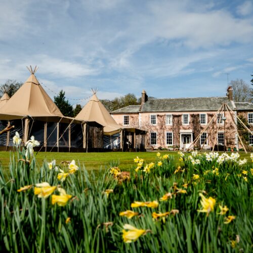 Spring Tipi Wedding. Garden Marquee Wedding Venue, Penrith. Lawn for Marquee Hire Cumbria.
