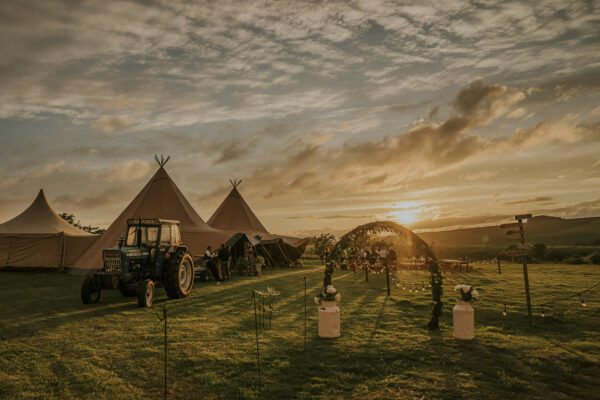 Beautiful Tipis with Sunset - Countryside wedding - Tipi Wedding Lake District - Authentic Tentipi Tipis