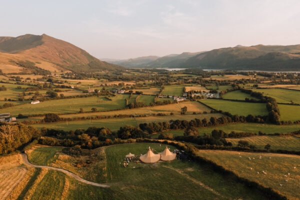 Wedding drone photoshoot of tipis in the Lake District for Cumbria wedding