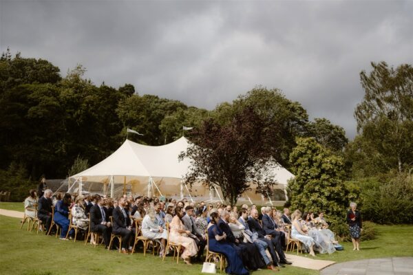 Sailcloth Marquee and Wedding Guests for Outdoor Wedding Ceremony at Silverholme Manor, Graythwaite Estate in the Lake District