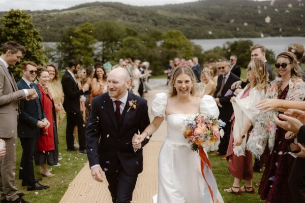 Confetti Shot Outdoor Wedding Ceremony for Sailcloth Marquee, Lake District Wedding
