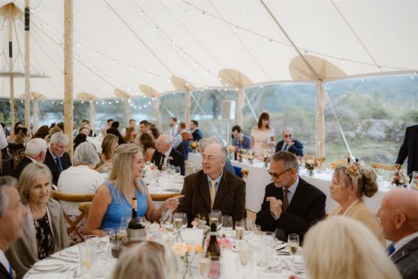 Beautiful Light and Bright Sailcloth Tent with high ceilings and twinkly fairy lighting. Sperry style tent hire in Cumbria