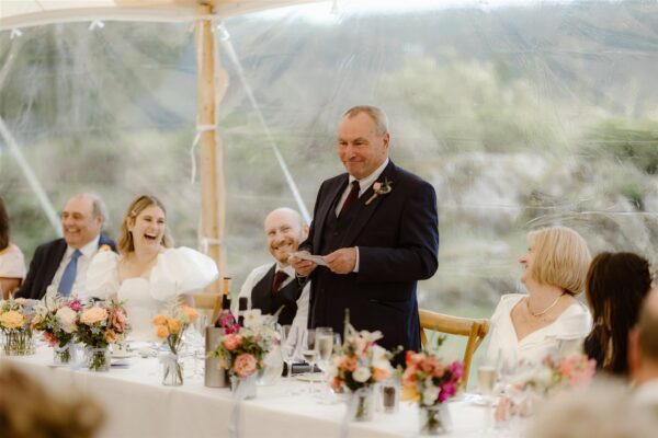 Wedding Speech time - Wedding Party top table beautiful views from Sailcloth marquee
