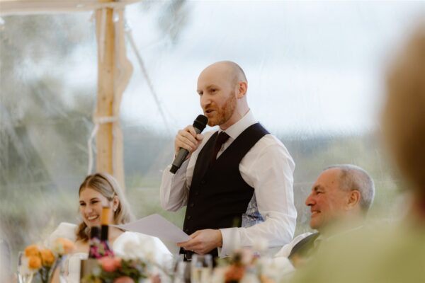 Wedding Speech Time on the Top Table - Wedding Party top table beautiful views from Sailcloth Marquee Tent